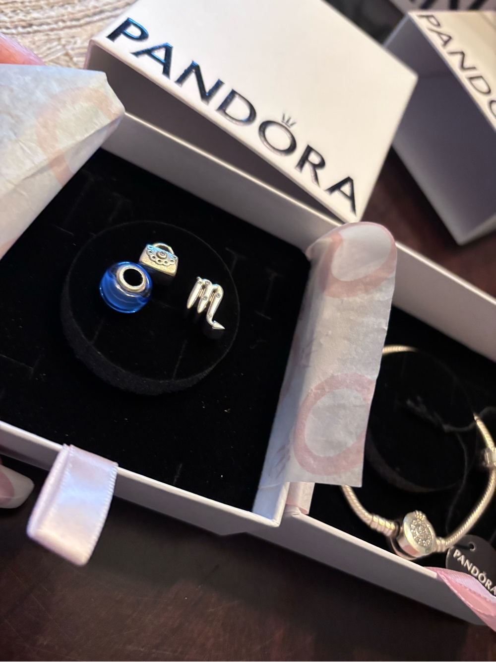 Pandora Silver Pavé Disc Bracelet with 3 charms NIB